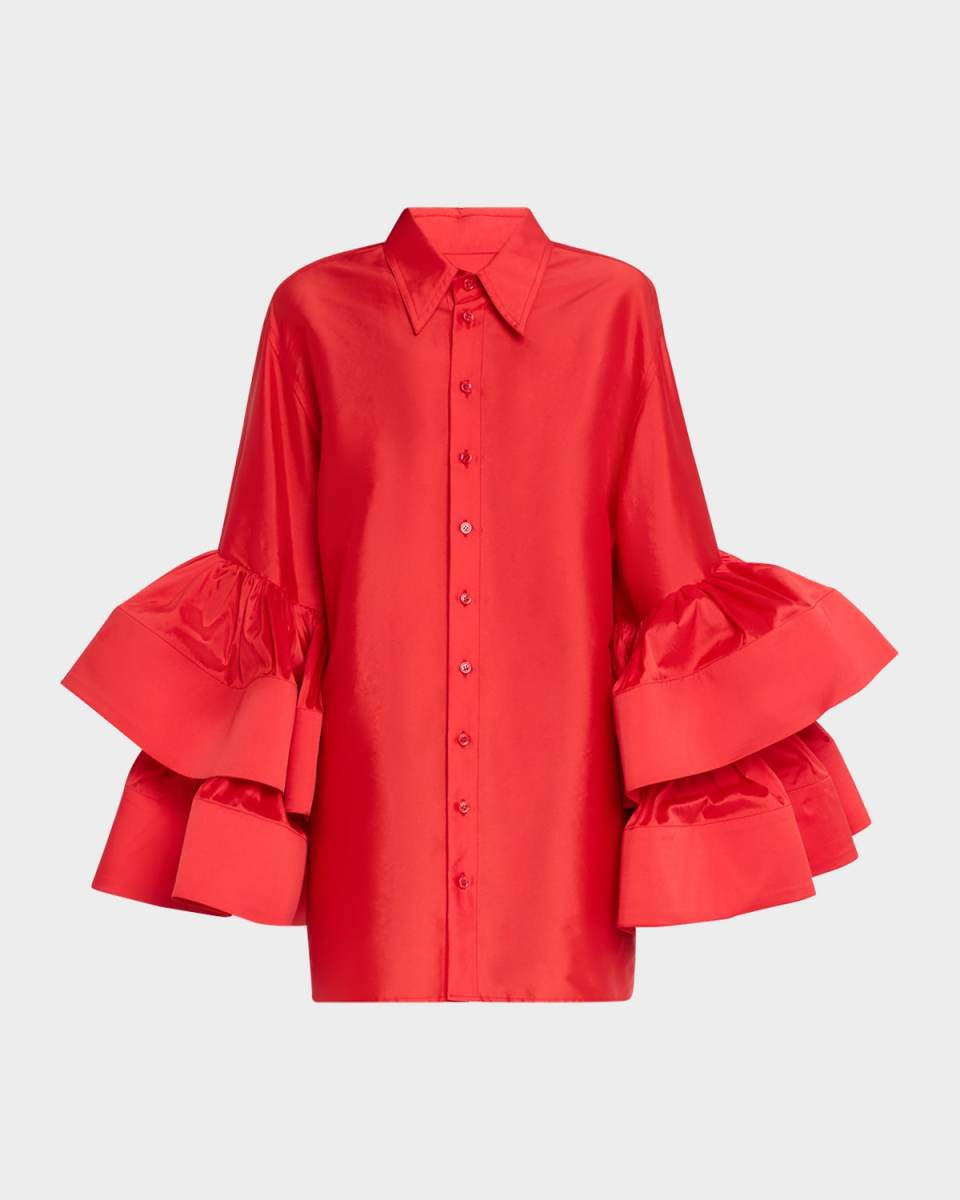 Jumbo Ruffle-Sleeve Silk Mini Shirtdress